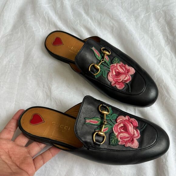 Gucci Princetown Floral Embroidered Leather Mules EU 36.5 - Picture 1 of 6